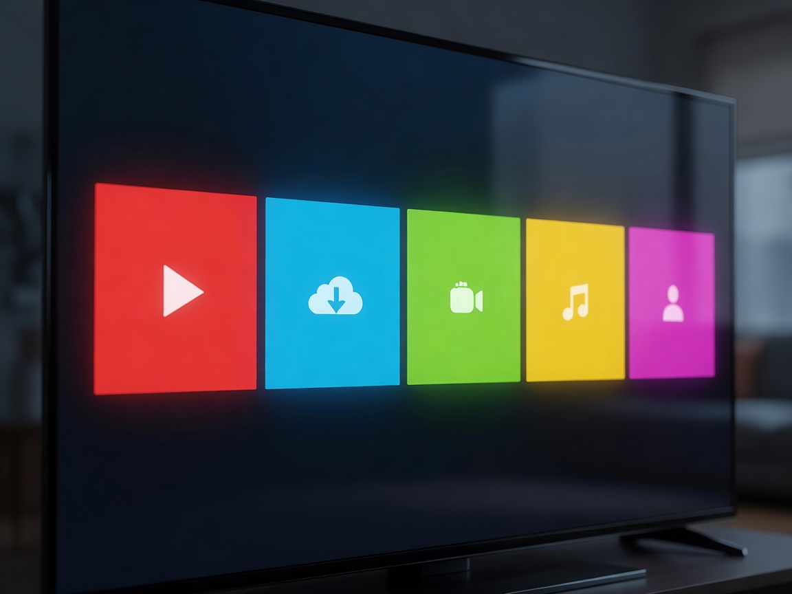 Close-up of a smart television displaying colorful application tiles in a row