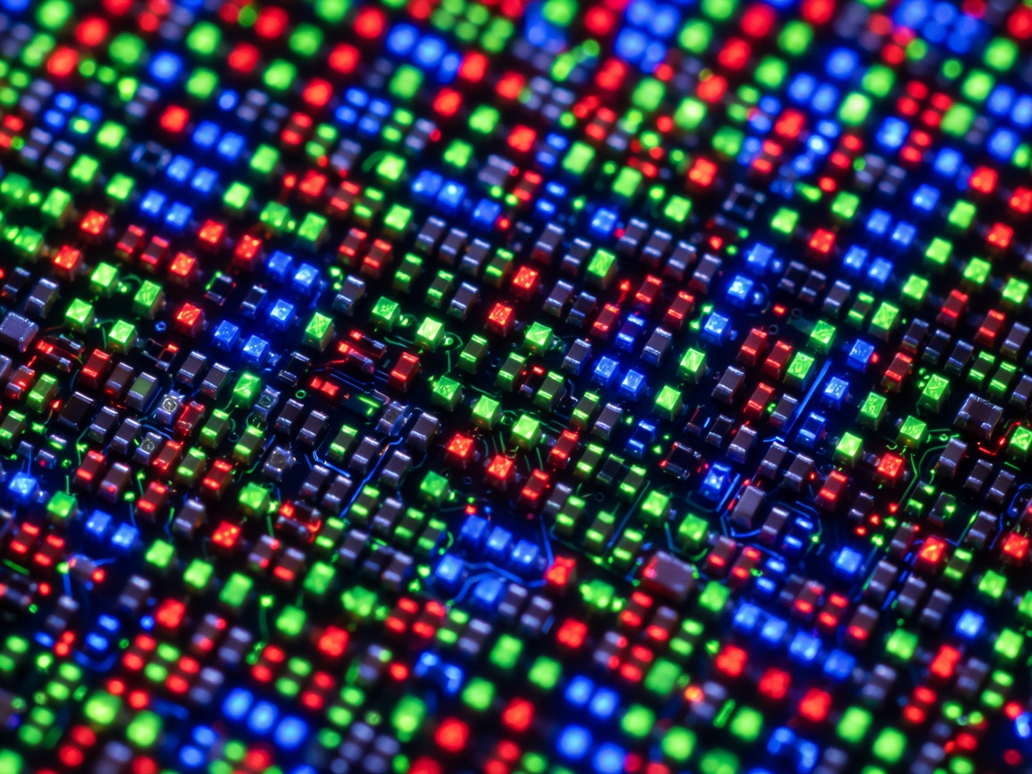Close up of microscopic LED panel structures emitting bright colors
