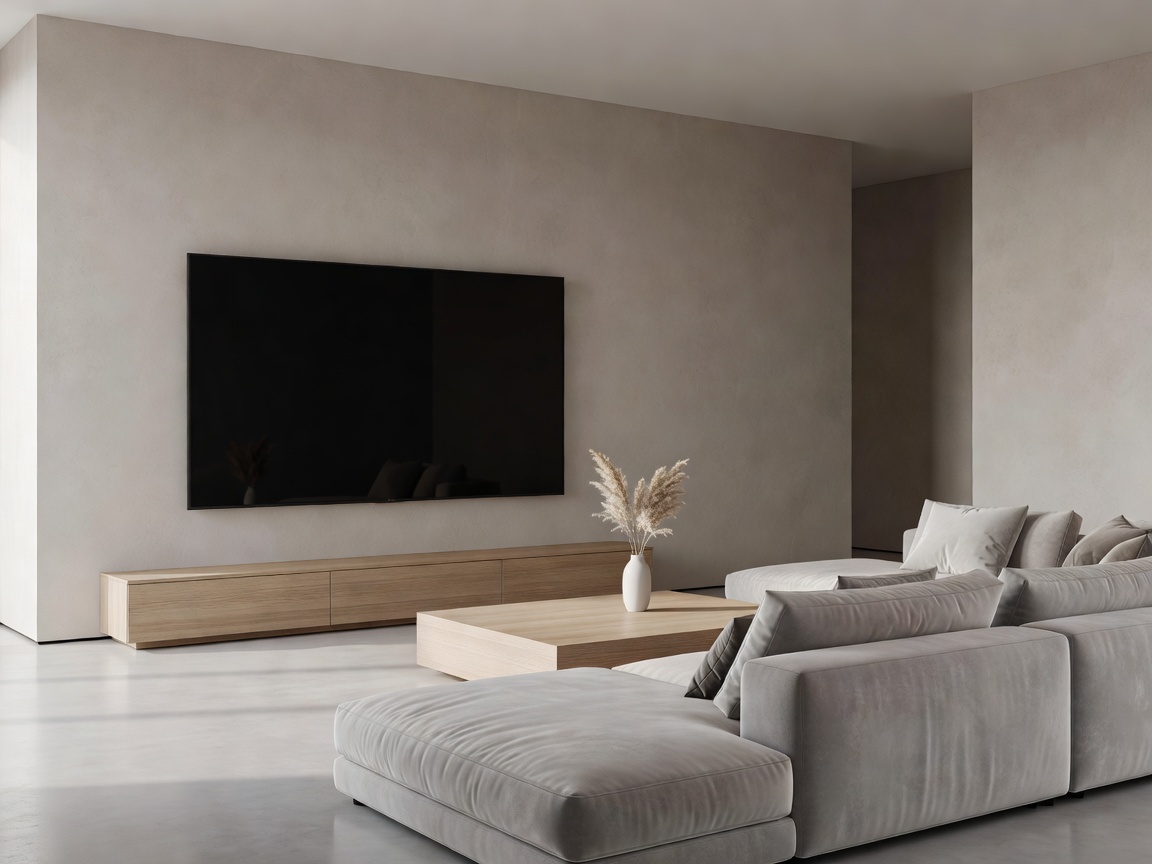 Modern living room with a large screen television mounted on the wall