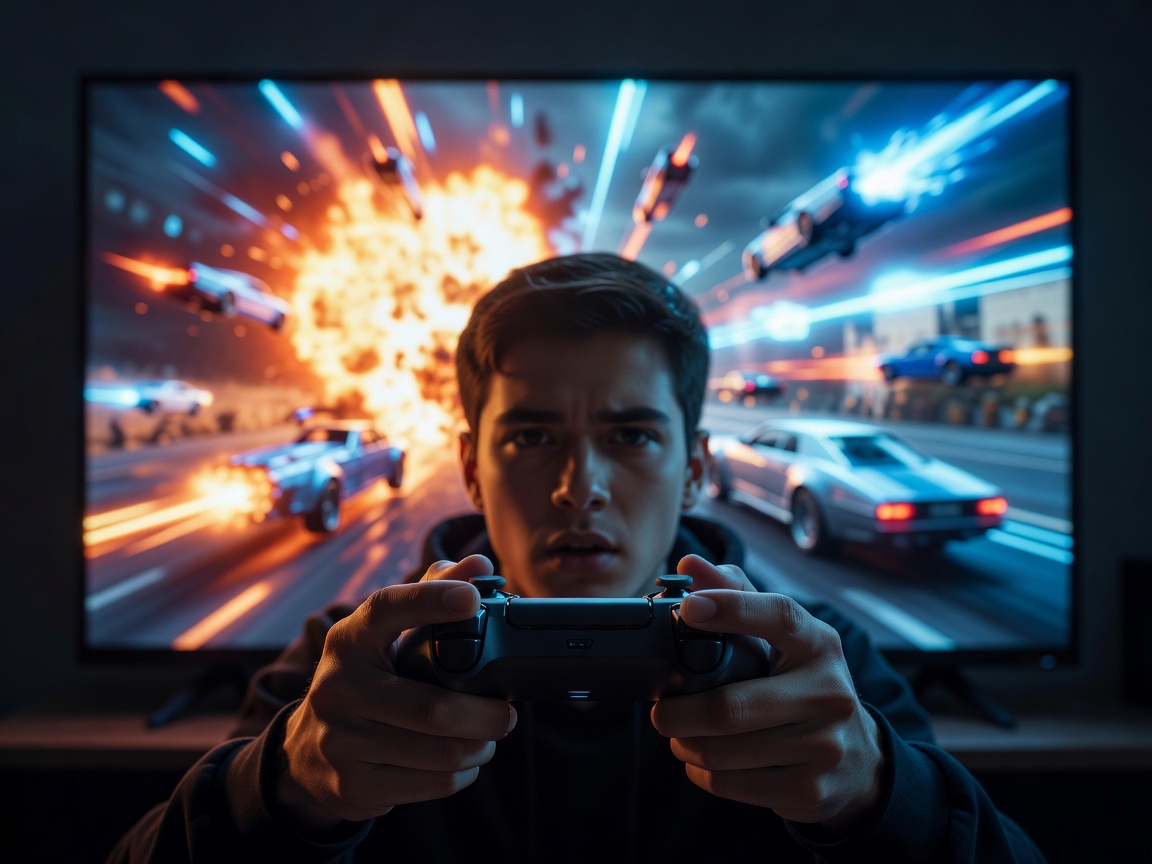 Person holding a modern wireless controller in front of a brightly illuminated television screen showing an action game