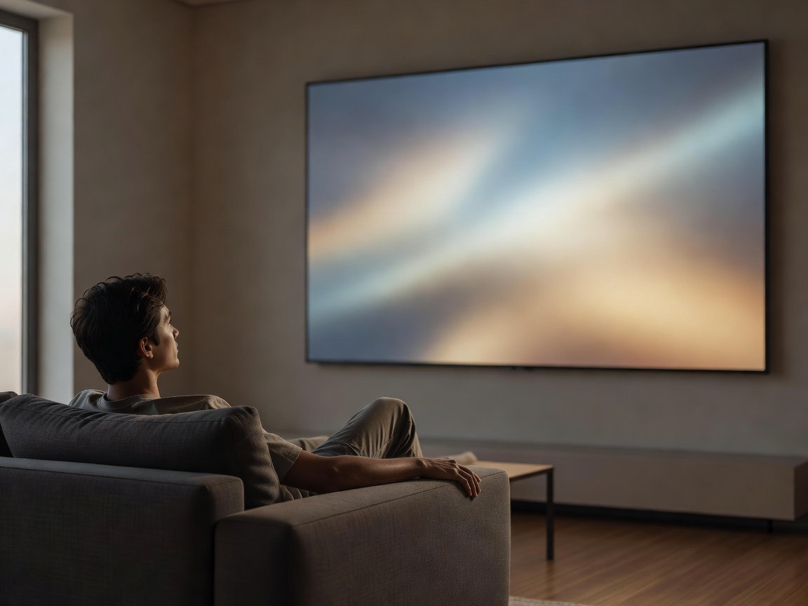 Person sitting on a couch viewing a perfectly proportioned screen across the room