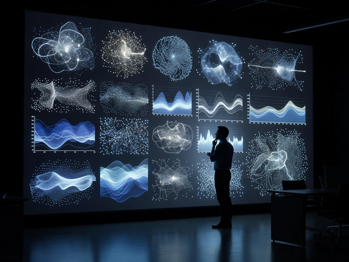Silhouette of a person analyzing intricate data on a large illuminated screen
