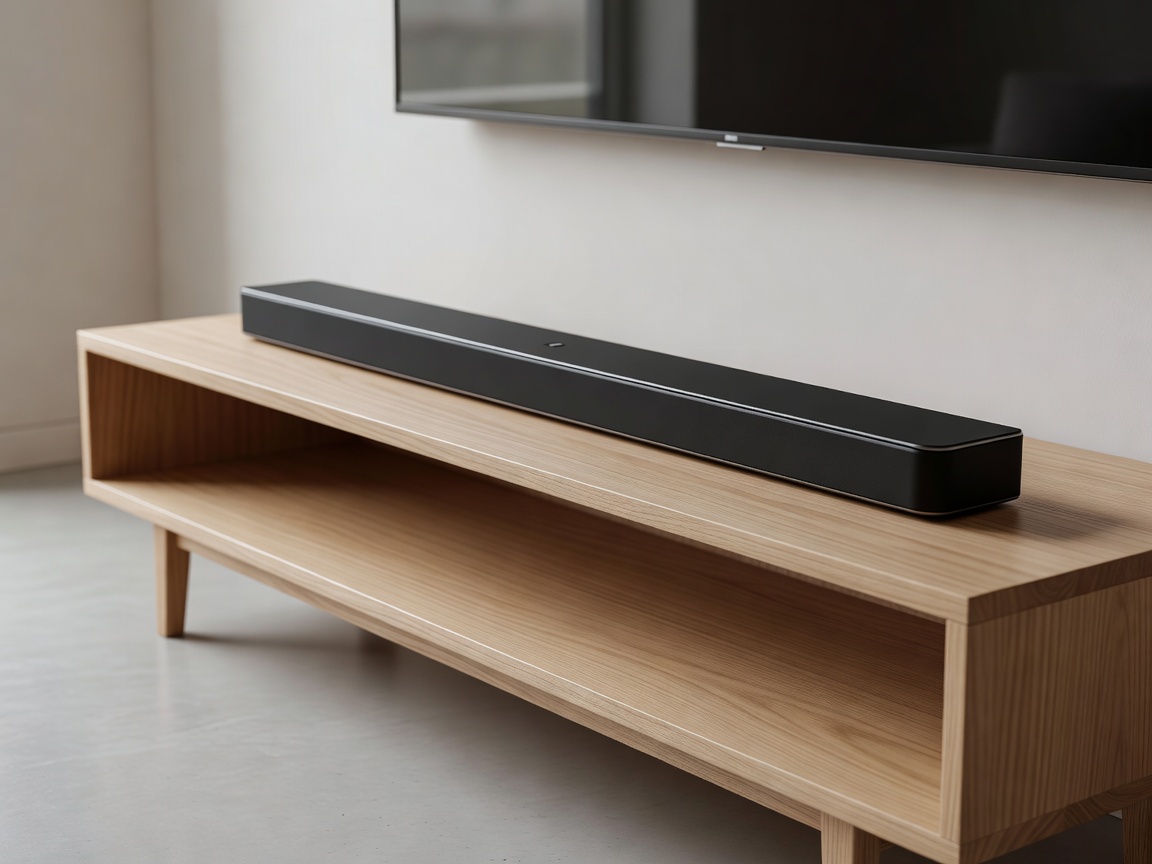 Sleek black soundbar resting on a minimalist wooden TV stand