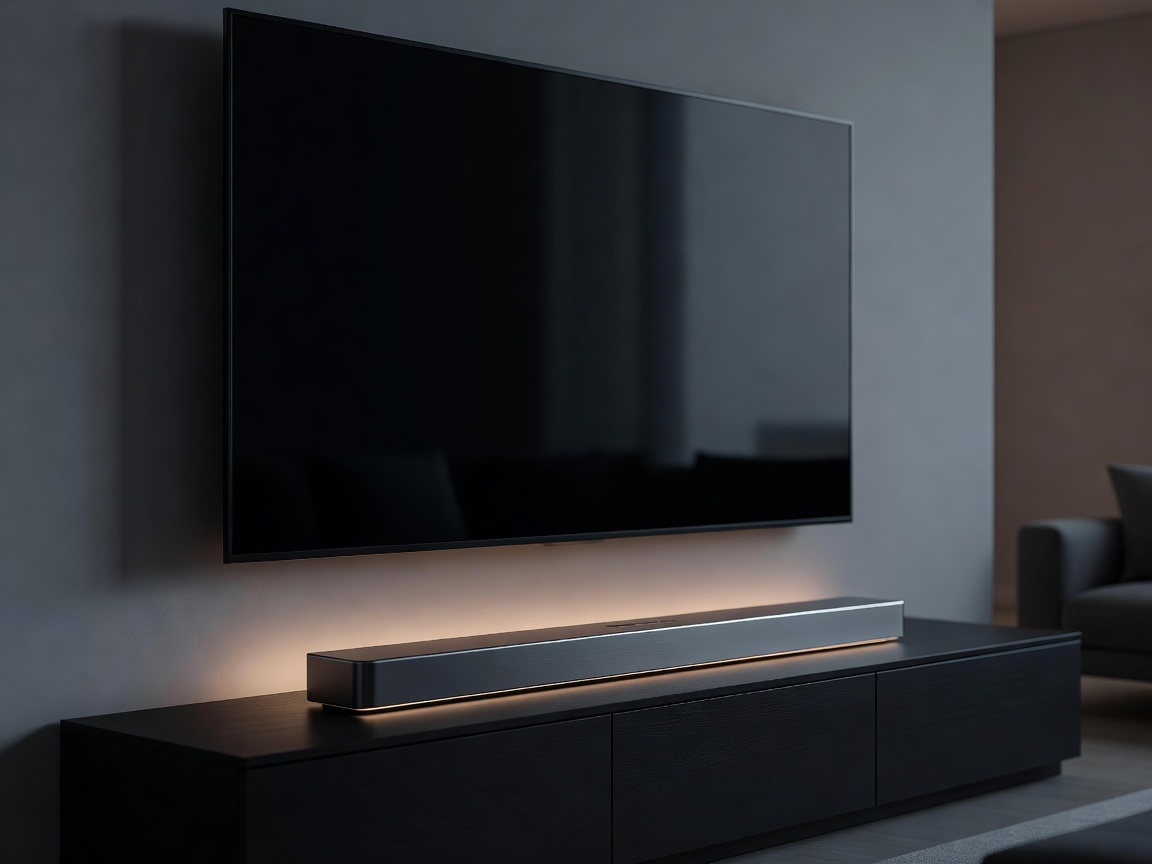 Sleek speaker soundbar glowing gently beneath a large television set